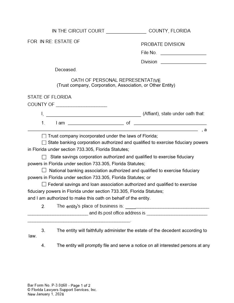 Oath Of Personal Representative (Trust Company Corporation Association Or Other Entity) {P-3.0060} | Pdf Fpdf Docx | FLSSI Probate