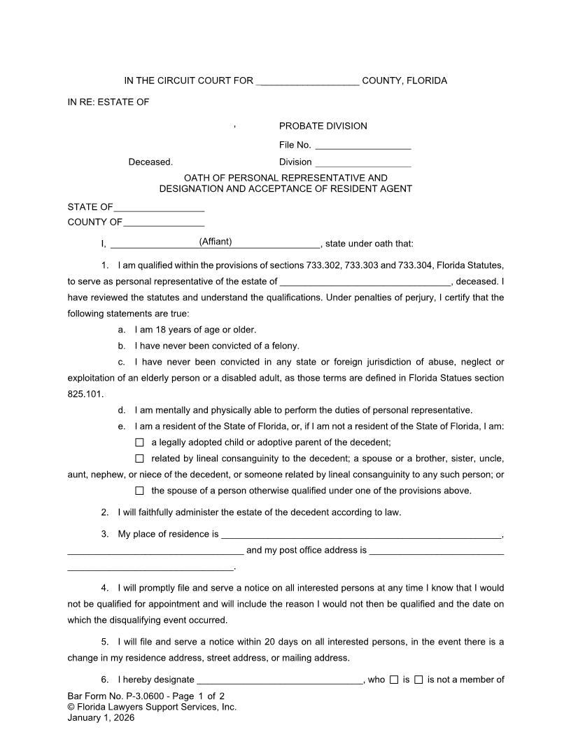 Oath Of Personal Representative Designation And Acceptance Of Resident Agent {P-3.0600} | Pdf Fpdf Doc Docx | FLSSI Probate