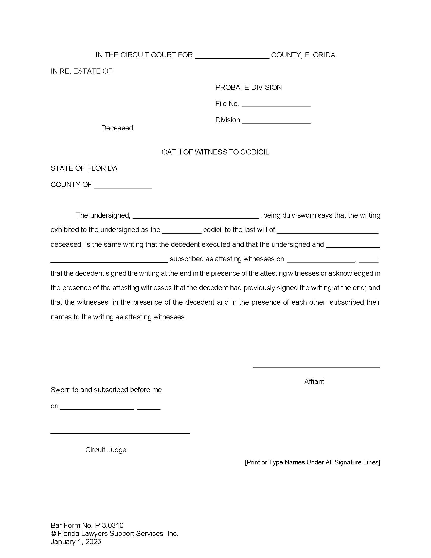 Oath Of Witness To Codicil {P-3.0310} | Pdf Fpdf Doc Docx | FLSSI Probate