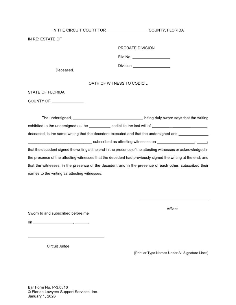 Oath Of Witness To Codicil {P-3.0310} | Pdf Fpdf Doc Docx | FLSSI Probate
