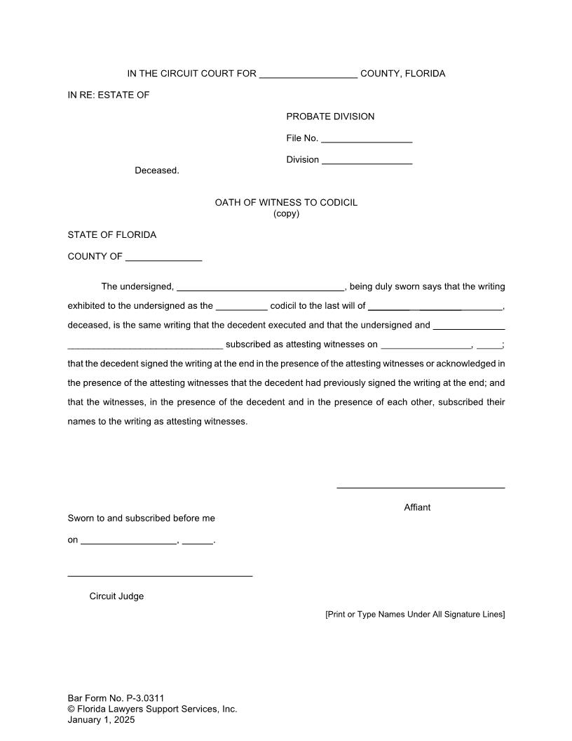 Oath Of Witness To Codicil Copy {P-3.0311} | Pdf Fpdf Doc Docx | FLSSI Probate