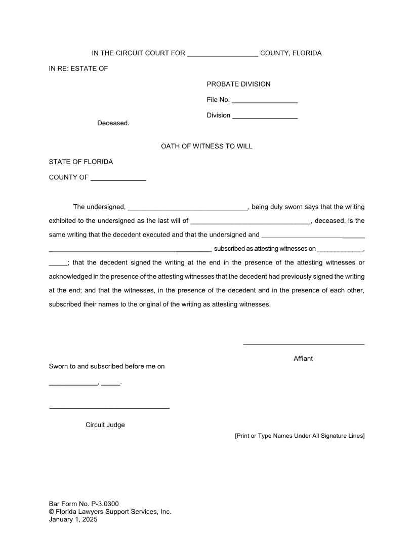 Oath Of Witness To Will {P-3.0300} | Pdf Fpdf Doc Docx | FLSSI Probate