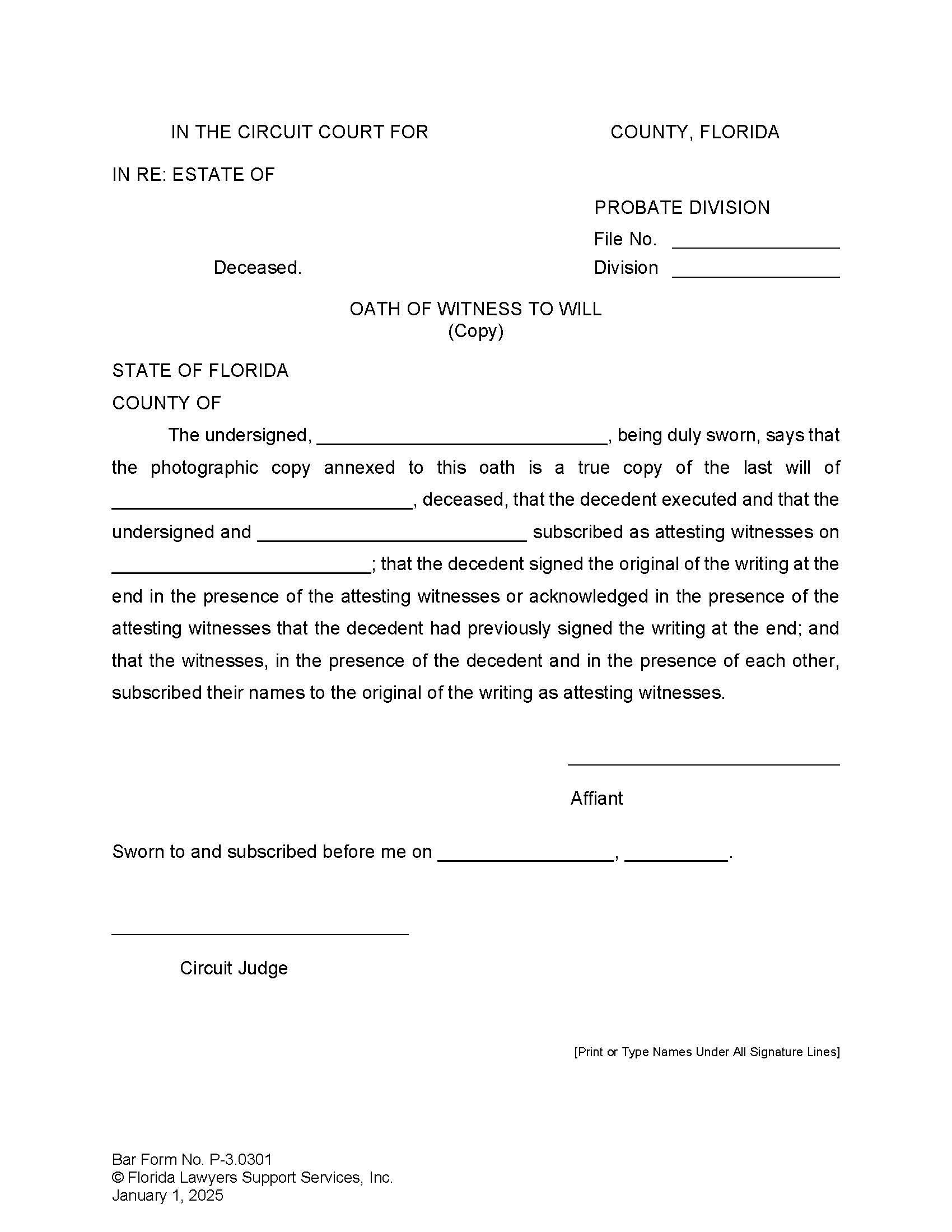 Oath Of Witness To Will Copy {P-3.0301} | Pdf Fpdf Doc Docx | FLSSI Probate