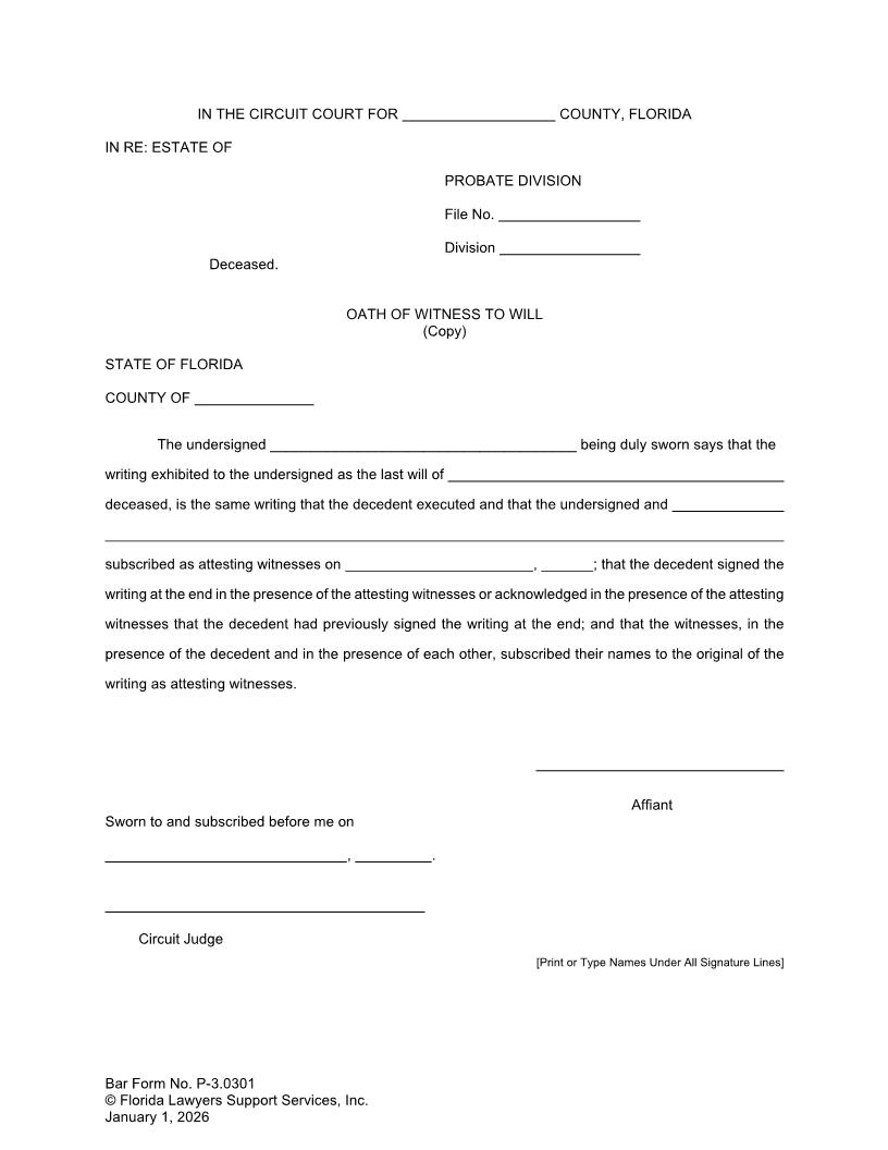 Oath Of Witness To Will Copy {P-3.0301} | Pdf Fpdf Doc Docx | FLSSI Probate
