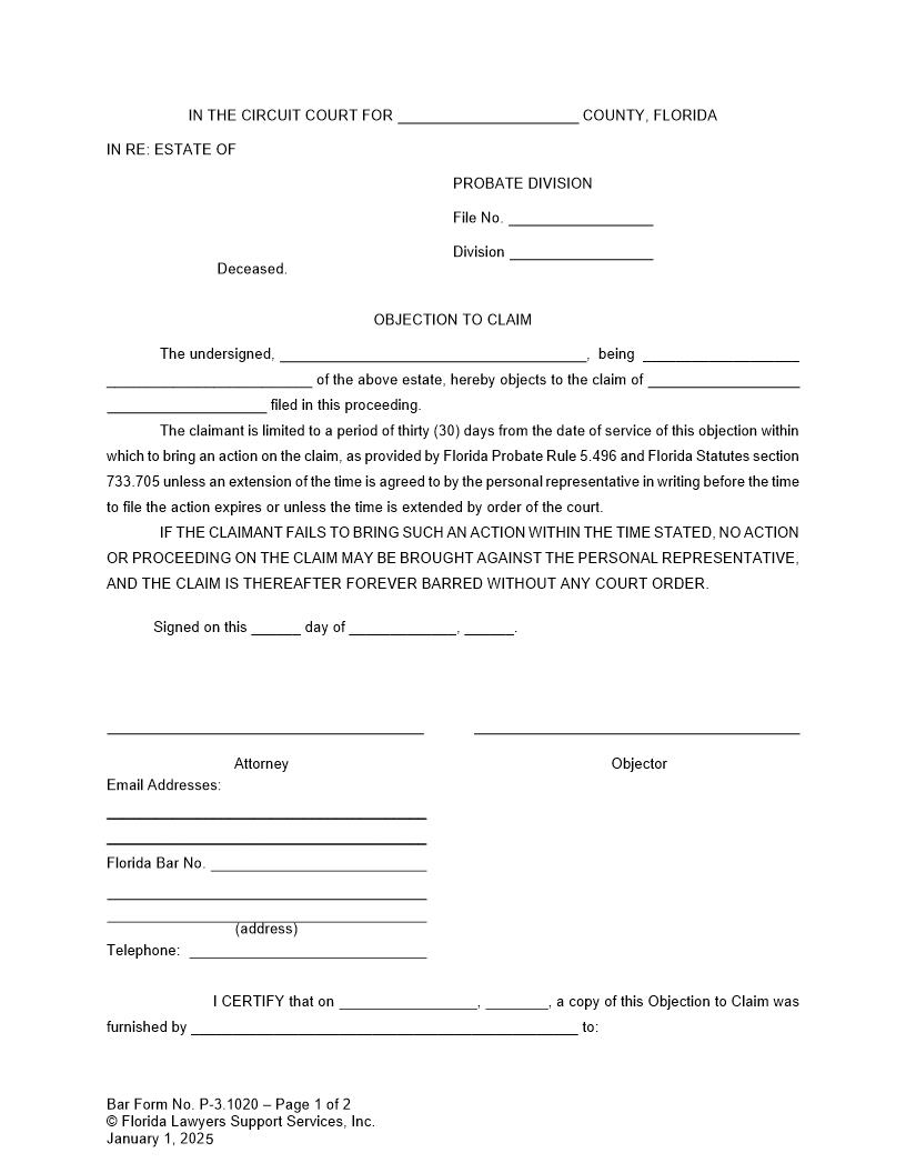 Objection To Claim {P-3.1020} | Pdf Fpdf Doc Docx | FLSSI Probate