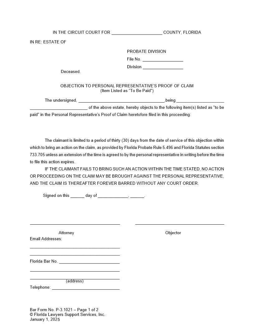 Objection To PRs Proof Of Claim (Listed As To Be Paid) {P-3.1021} | Pdf Fpdf Docx | FLSSI Probate