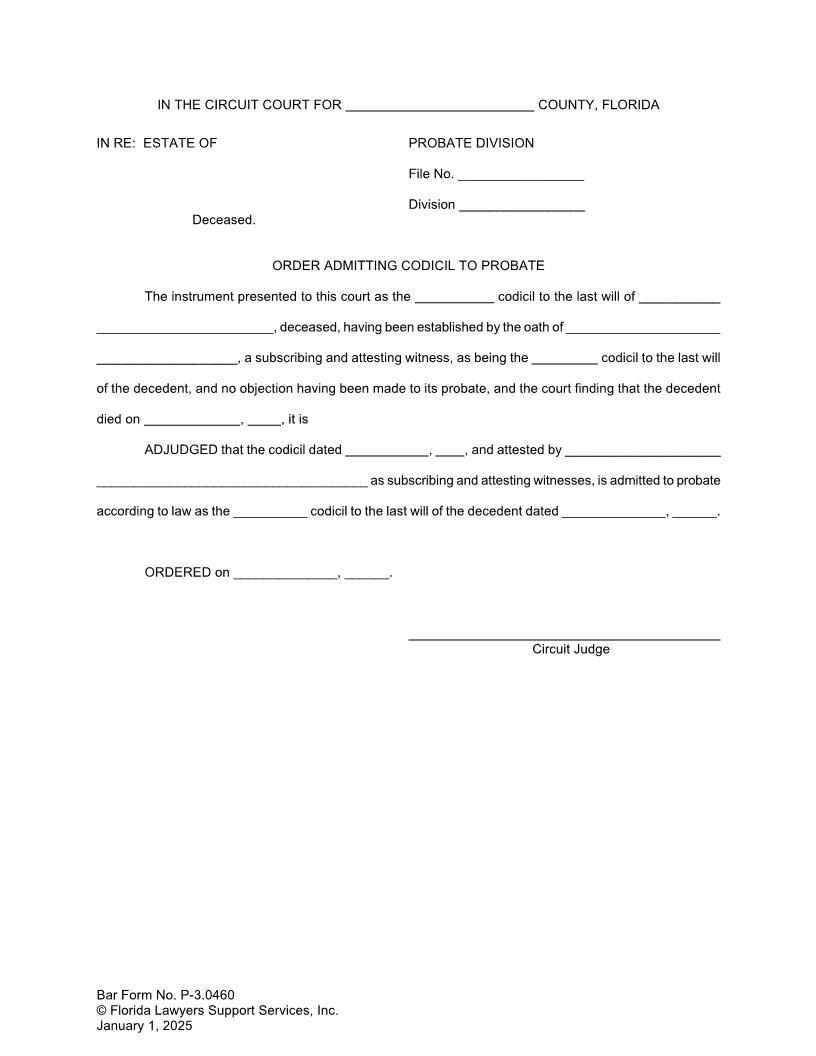 Order Admitting Codicil To Probate {P-3.0460} | Pdf Fpdf Doc Docx | FLSSI Probate