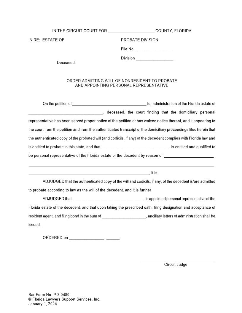 Order Admitting Will Of Nonresident To Probate And Appointing Personal Representative {P-3.0480} | Pdf Fpdf Doc Docx | FLSSI Probate