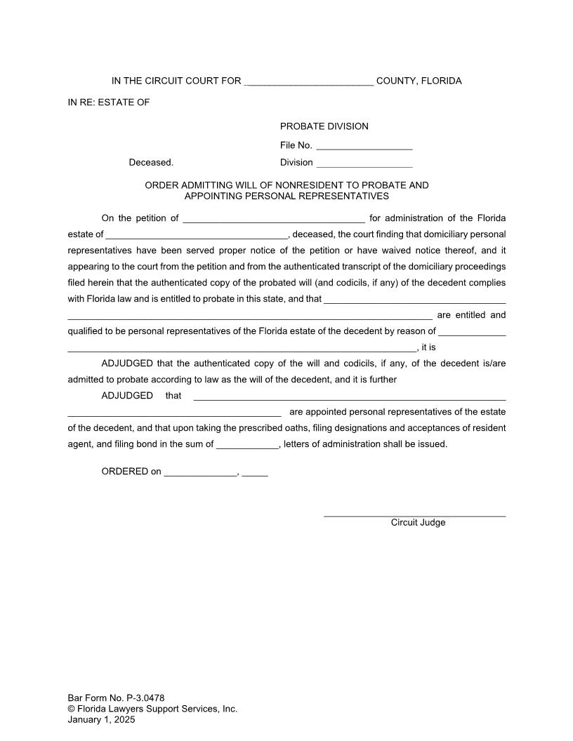 Order Admitting Will Of Nonresident To Probate And Appointing Personal Representatives {P-3.0478} | Pdf Fpdf Docx | FLSSI Probate