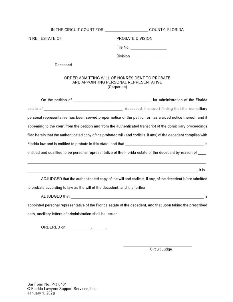 Order Admitting Will Of Nonresident To Probate Appointing PR Corporate {P-3.0481} | Pdf Fpdf Docx | FLSSI Probate