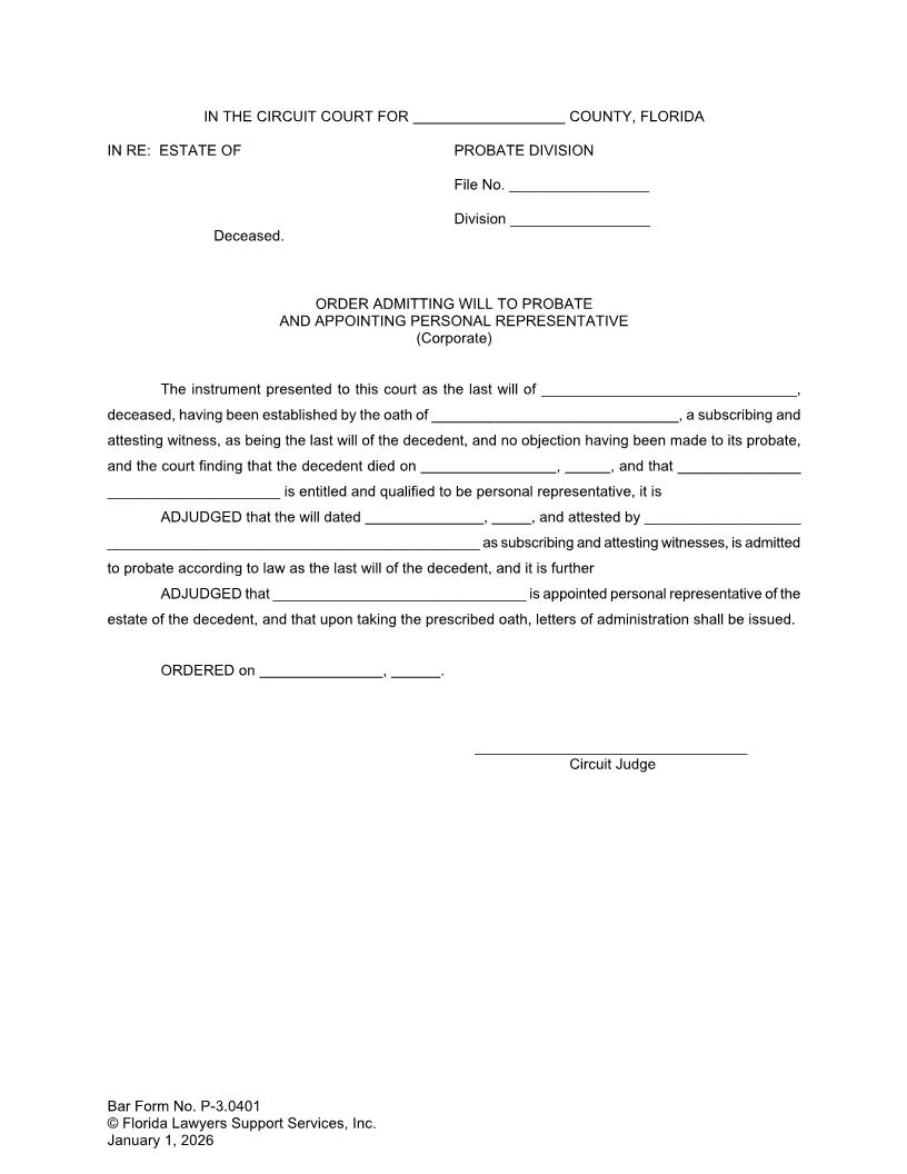 Order Admitting Will To Probate And Appointing Personal Representative Corporate {P-3.0401} | Pdf Fpdf Doc Docx | FLSSI Probate