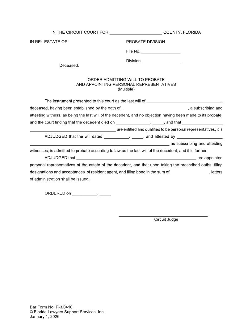 Order Admitting Will To Probate And Appointing Personal Representatives Multiple {P-3.0410} | Pdf Fpdf Doc Docx | FLSSI Probate