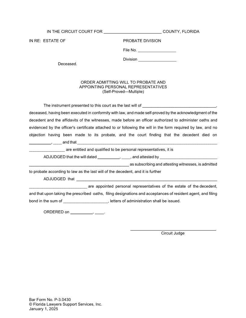 Order Admitting Will To Probate Appointing Personal Representatives (Self-Proved Multiple) {P-3.0430} | Pdf Fpdf Docx | FLSSI Probate