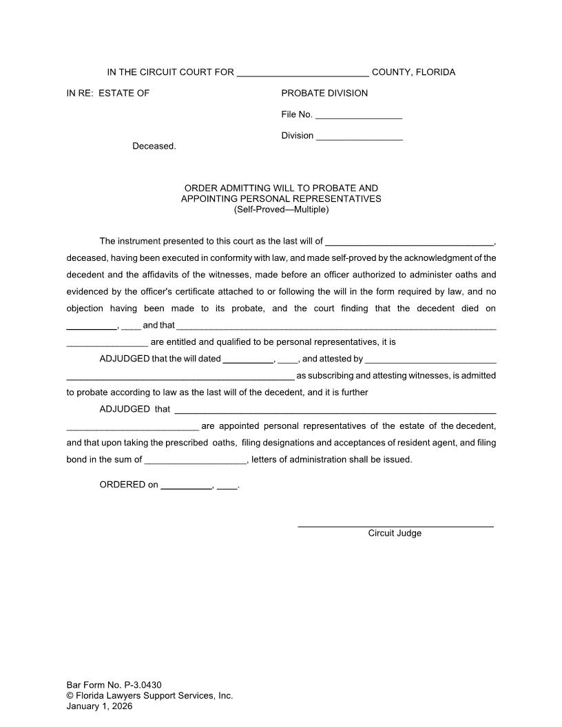 Order Admitting Will To Probate Appointing Personal Representatives (Self-Proved Multiple) {P-3.0430} | Pdf Fpdf Docx | FLSSI Probate