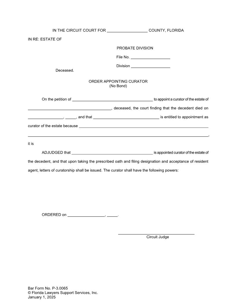 Order Appointing Curator (No Bond) {P-3.0065} | Pdf Fpdf Doc Docx | FLSSI Probate