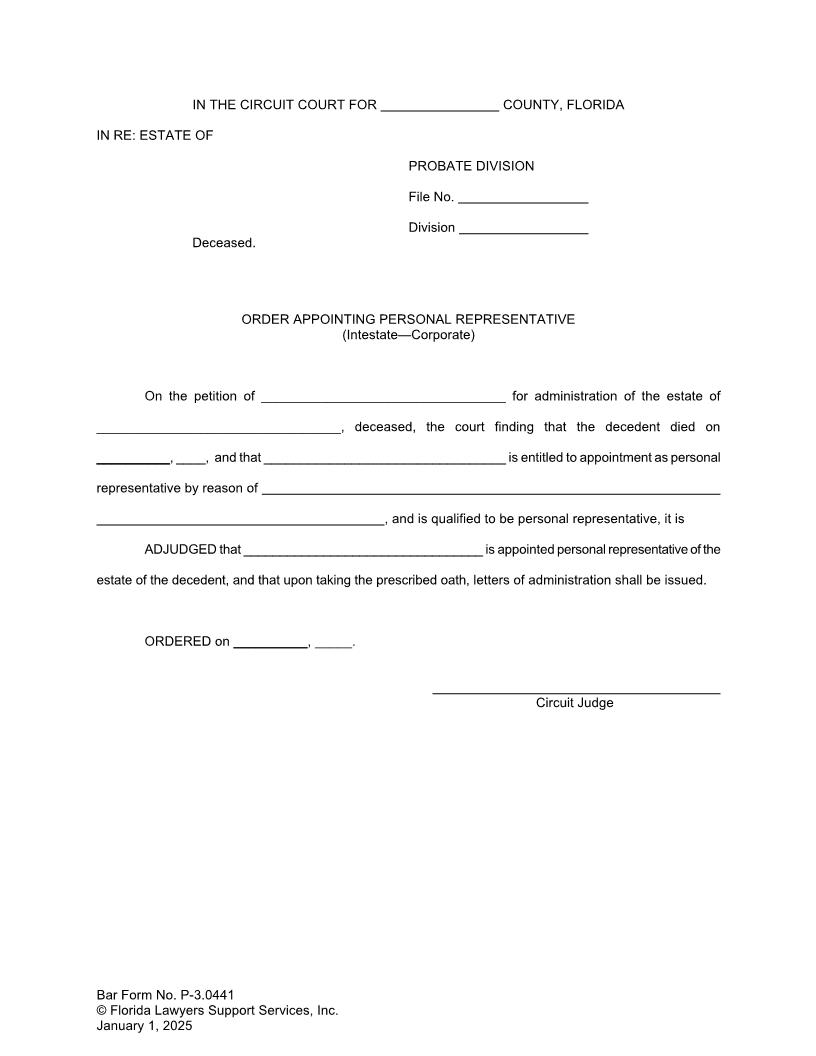 Order Appointing Personal Representative Intestate Corporate {P-3.0441} | Pdf Fpdf Doc Docx | FLSSI Probate