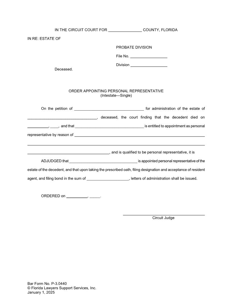 Order Appointing Personal Representative Intestate Single {P-3.0440} | Pdf Fpdf Doc Docx | FLSSI Probate