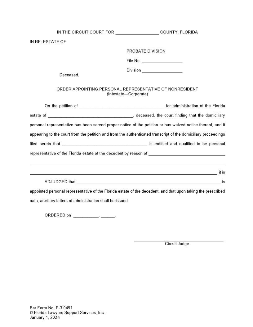 Order Appointing Personal Representative Of Nonresident (Intestate - Corporate) {P-3.0491} | Pdf Fpdf Docx | FLSSI Probate