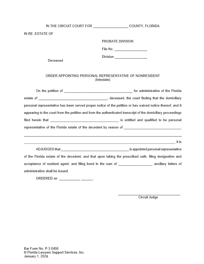 Order Appointing Personal Representative Of Nonresident (Intestate) {P-3.0490} | Pdf Fpdf Docx | FLSSI Probate