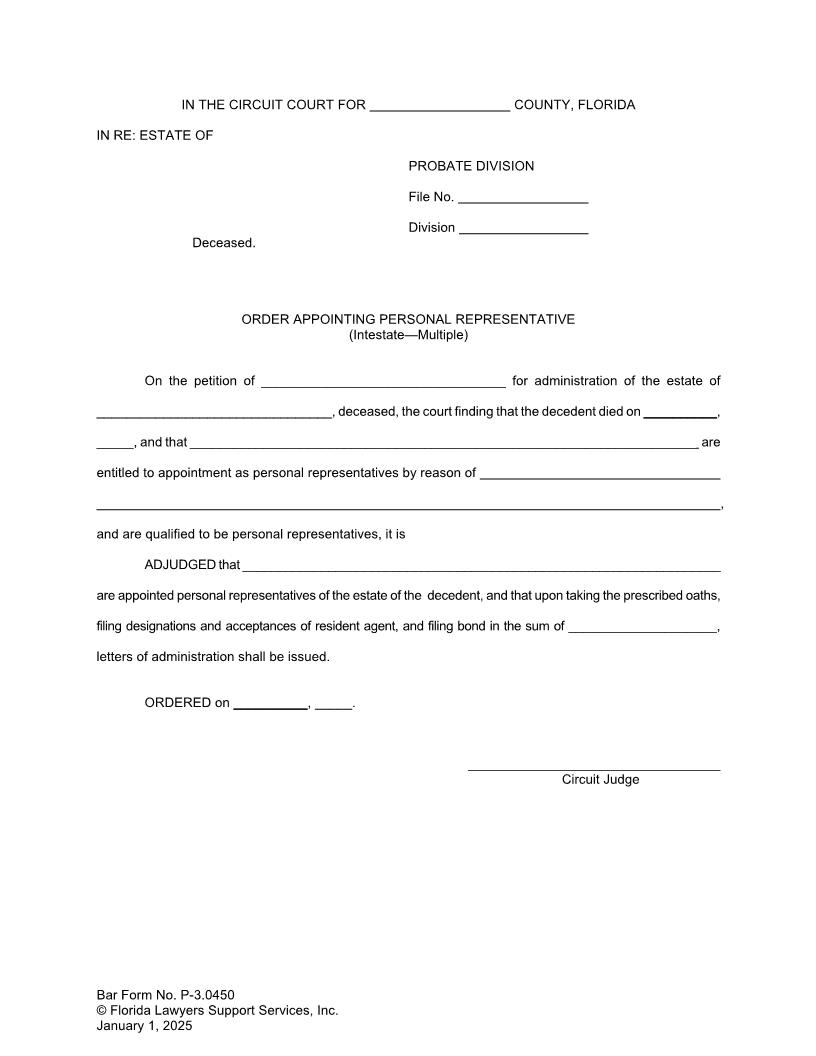 Order Appointing Personal Representatives Intestate Multiple {P-3.0450} | Pdf Fpdf Doc Docx | FLSSI Probate