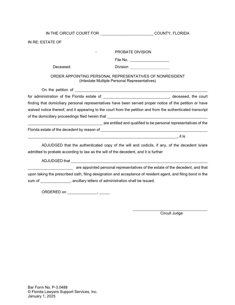 Order Appointing Personal Representatives Of Nonresident (Intestate Personal Representatives) {P-3.0488} | Pdf Fpdf Docx | FLSSI Probate