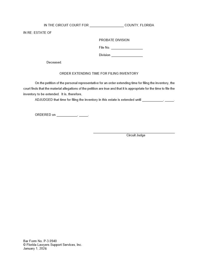 Order Extending Time For Filing Inventory {P-3.0940} | Pdf Fpdf Doc Docx | FLSSI Probate