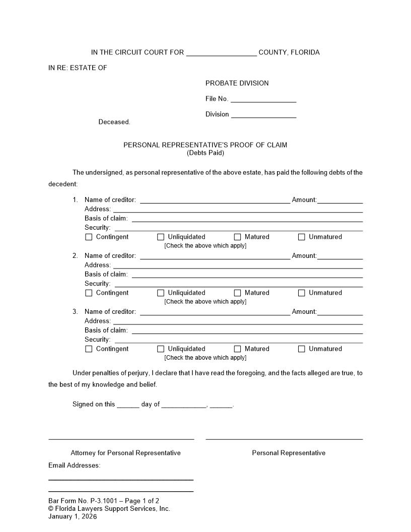 Personal Representatives Proof Of Claim (Debts Paid) {P-3.1001} | Pdf Fpdf Doc Docx | FLSSI Probate