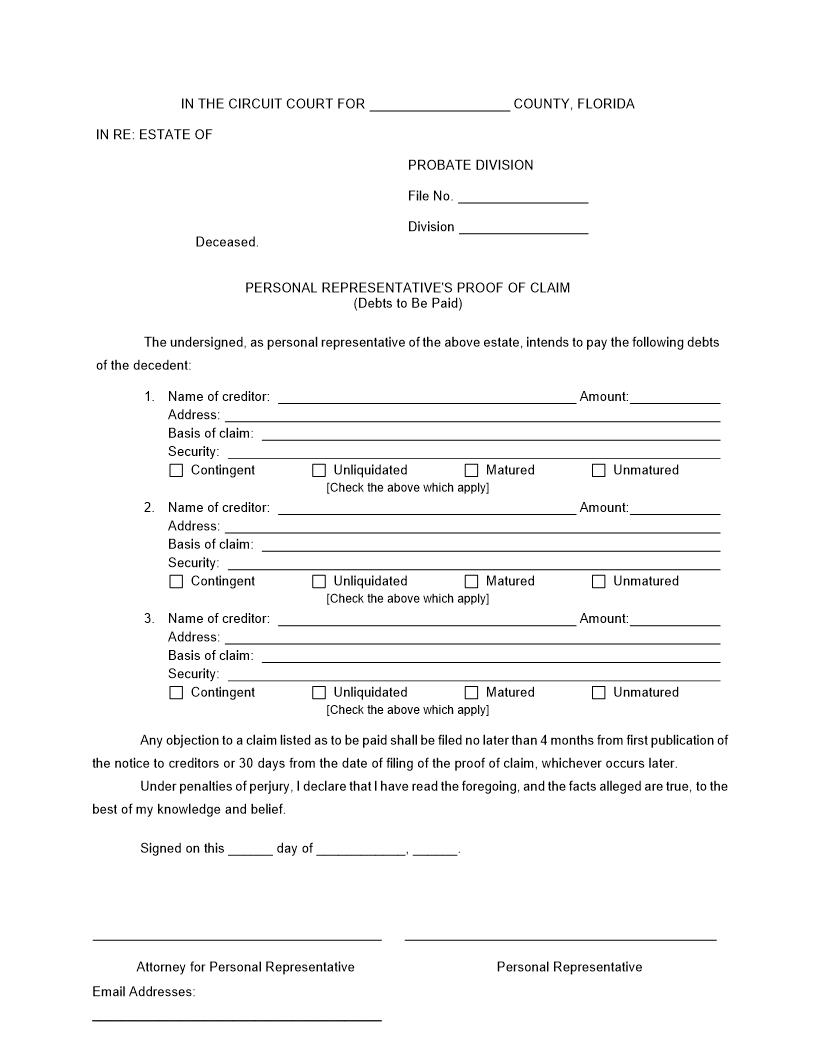 Personal Representatives Proof Of Claim (Debts To Be Paid) {P-3.1002} | Pdf Fpdf Doc Docx | FLSSI Probate