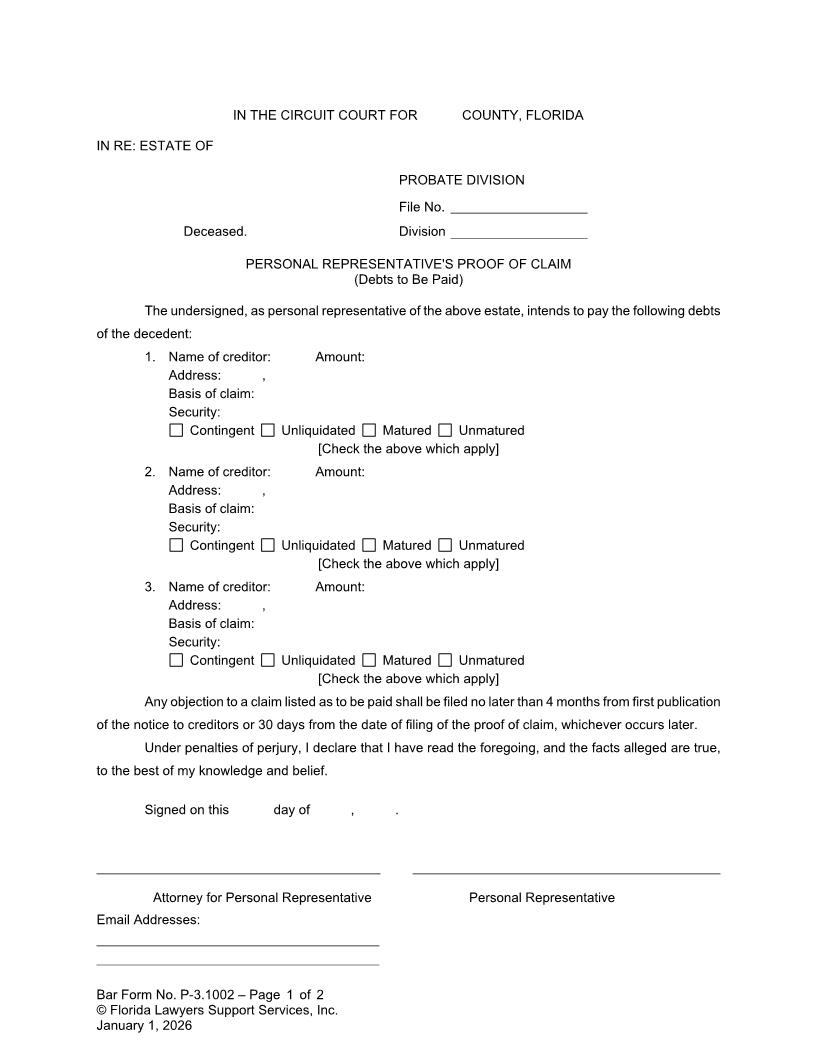 Personal Representatives Proof Of Claim (Debts To Be Paid) {P-3.1002} | Pdf Fpdf Doc Docx | FLSSI Probate