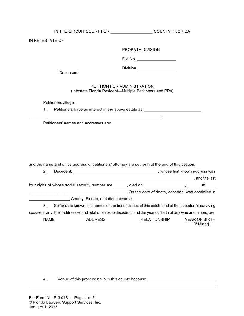 Petition For Administration Intestate FL Resident Multiple Petitioners And PRs {P-3.0131} | Pdf Fpdf Doc Docx | FLSSI Probate