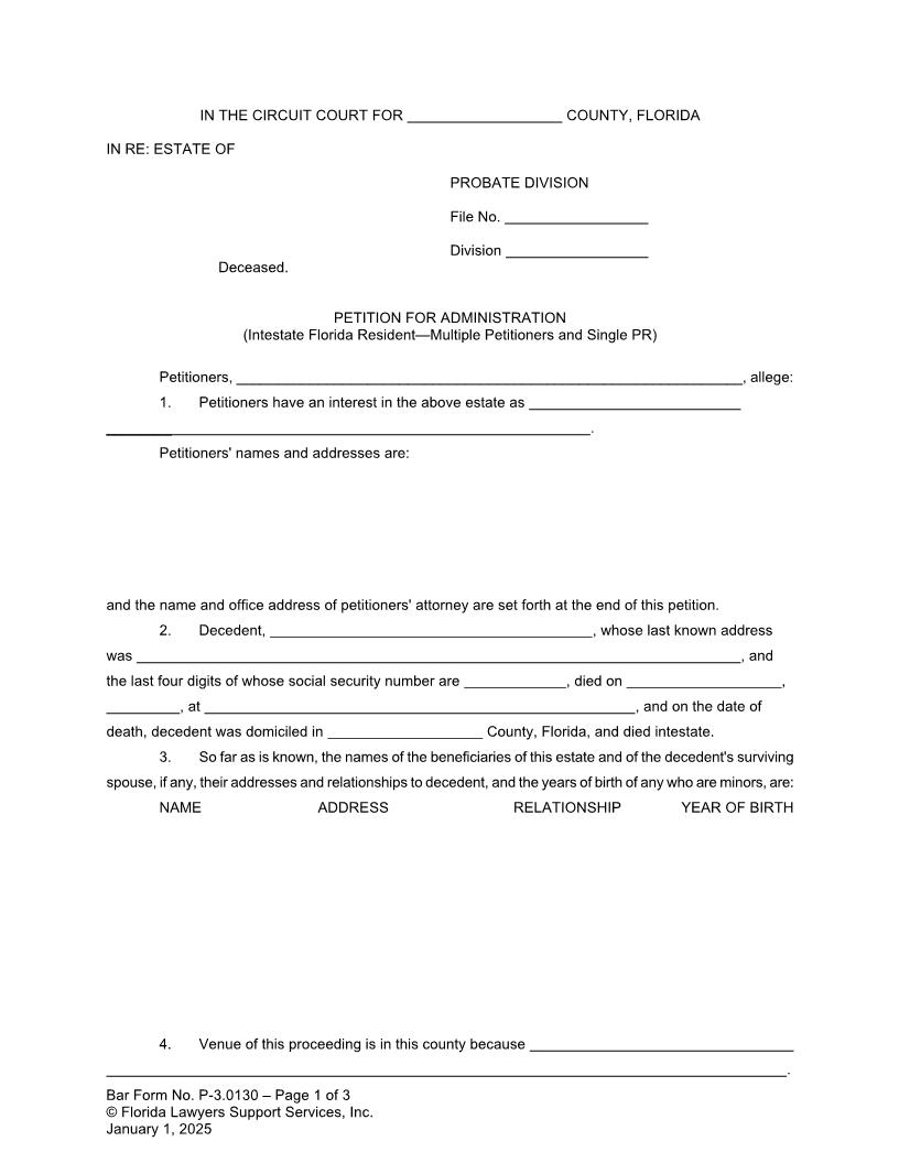 Petition For Administration Intestate FL Resident Multiple Petitioners Single PR {P-3.0130} | Pdf Fpdf Doc Docx | FLSSI Probate