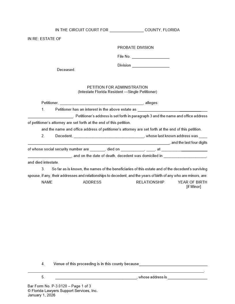Petition For Administration Intestate Florida Resident Single Petitioner {P-3.0120} | Pdf Fpdf Doc Docx | FLSSI Probate