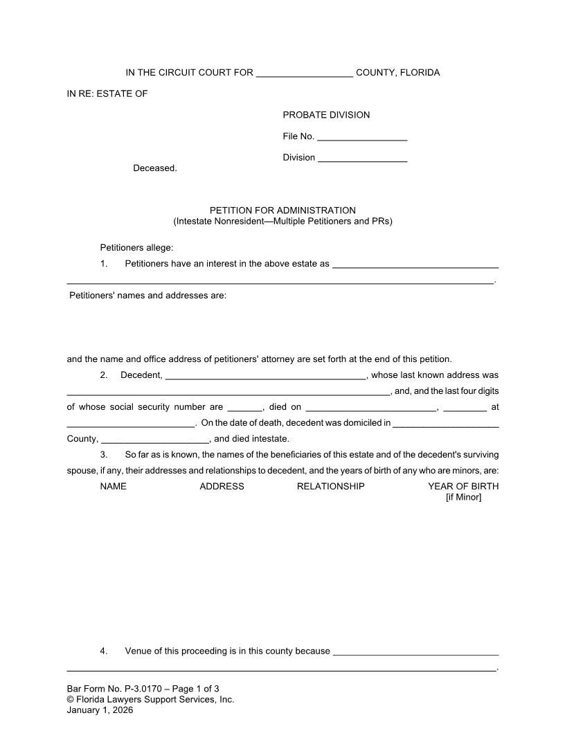 Petition For Administration Intestate Nonresident Multiple Petitioners And PRs {P-3.0171} | Pdf Fpdf Doc Docx | FLSSI Probate