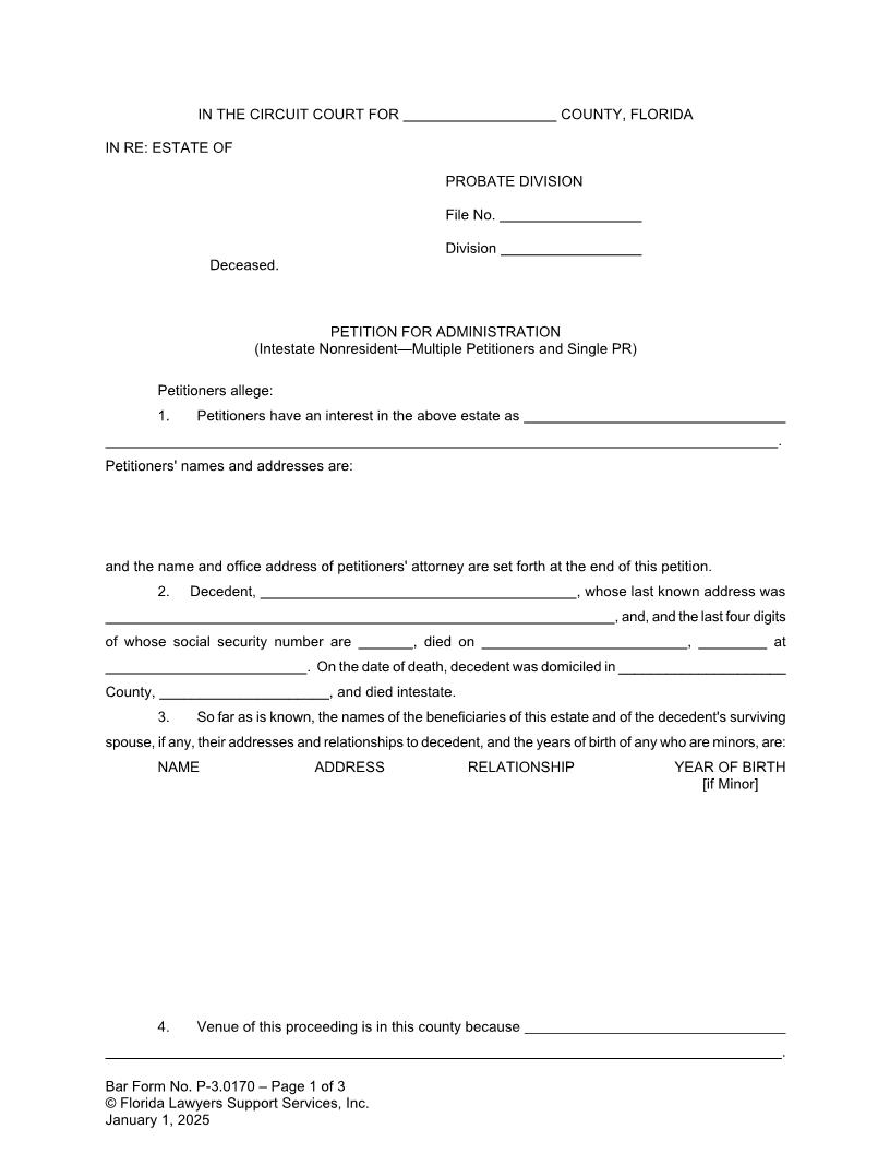 Petition For Administration Intestate Nonresident Multiple Petitioners And Single PR {P-3.0170} | Pdf Fpdf Doc Docx | FLSSI Probate