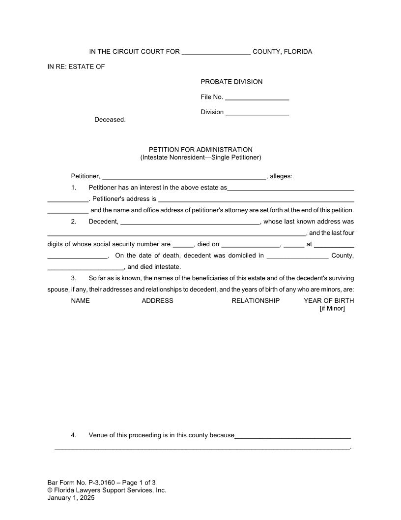 Petition For Administration Intestate Nonresident Single Petitioner {P-3.0160} | Pdf Fpdf Doc Docx | FLSSI Probate