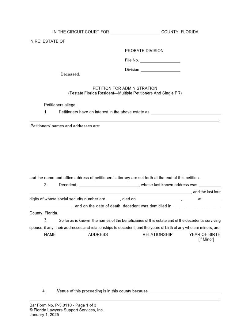 Petition For Administration Testate FL Resident Multiple Petitioners Single PR {P-3.0110} | Pdf Fpdf Doc Docx | FLSSI Probate