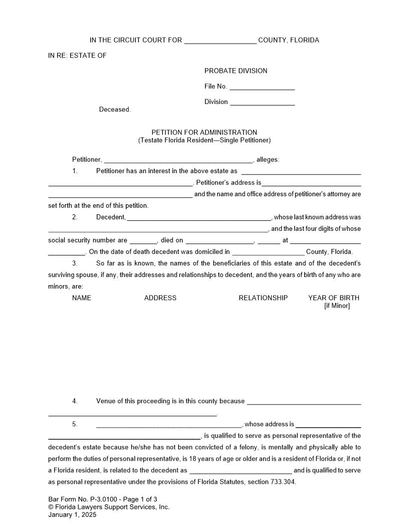 Petition For Administration Testate Florida Resident Single Petitioner {P-3.0100} | Pdf Fpdf Doc Docx | FLSSI Probate