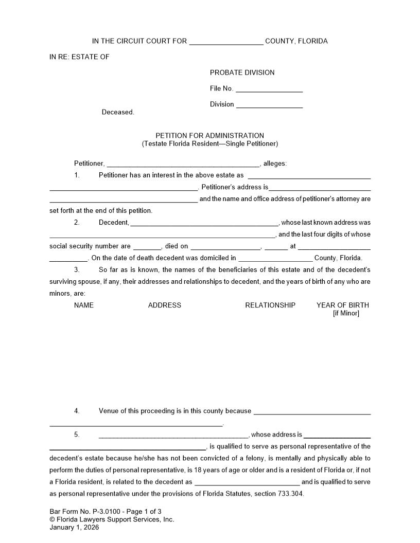 Petition For Administration Testate Florida Resident Single Petitioner {P-3.0100} | Pdf Fpdf Doc Docx | FLSSI Probate