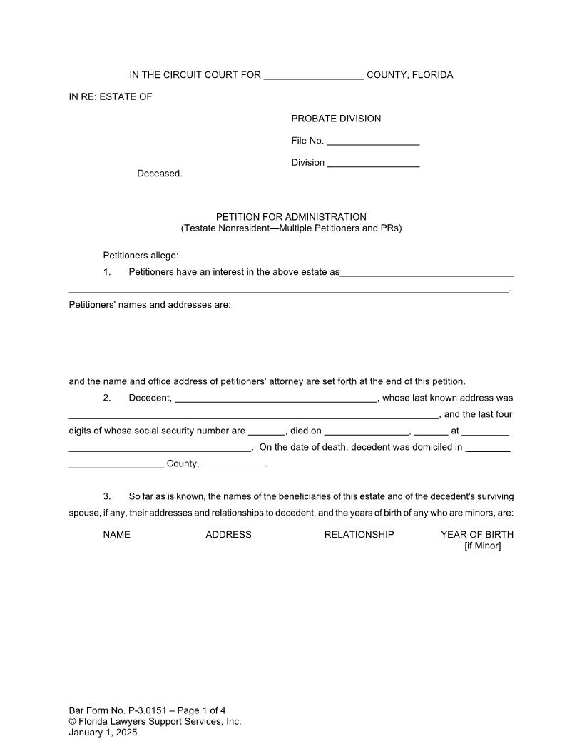 Petition For Administration Testate Nonresident Multiple Petitioners And PRs {P-3.0151} | Pdf Fpdf Doc Docx | FLSSI Probate