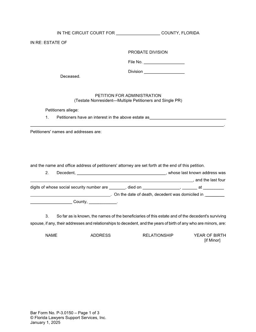 Petition For Administration Testate Nonresident Multiple Petitioners And Single PR {P-3.0150} | Pdf Fpdf Doc Docx | FLSSI Probate