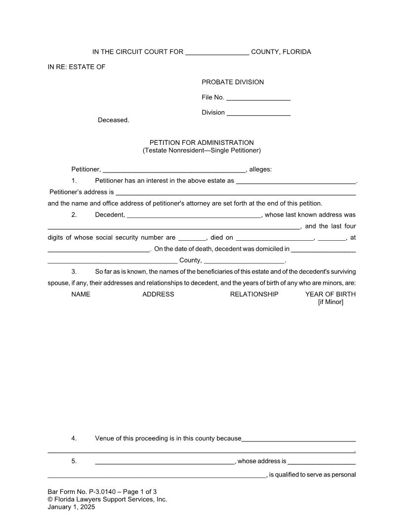 Petition For Administration Testate Nonresident Single Petitioner {P-3.0140} | Pdf Fpdf Doc Docx | FLSSI Probate