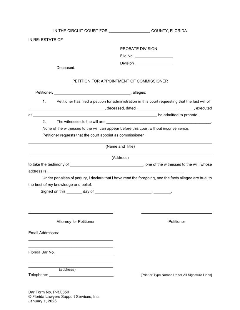 Petition For Appointment Of Commissioner {P-3.0350} | Pdf Fpdf Doc Docx | FLSSI Probate
