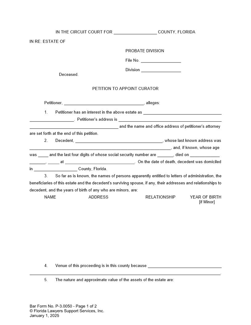 Petition To Appoint Curator {P-3.0050} | Pdf Fpdf Doc Docx | FLSSI Probate