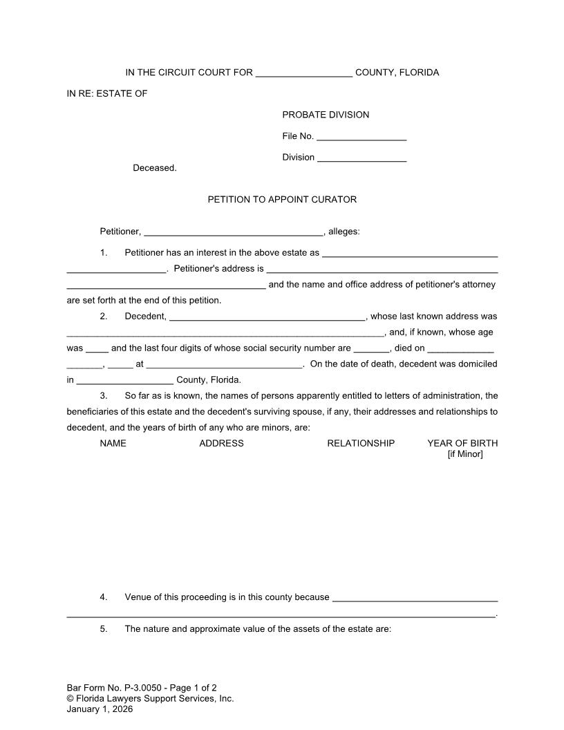 Petition To Appoint Curator {P-3.0050} | Pdf Fpdf Doc Docx | FLSSI Probate