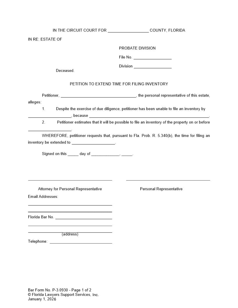 Petition To Extend Time For Filing Inventory {P-3.0930} | Pdf Fpdf Doc Docx | FLSSI Probate