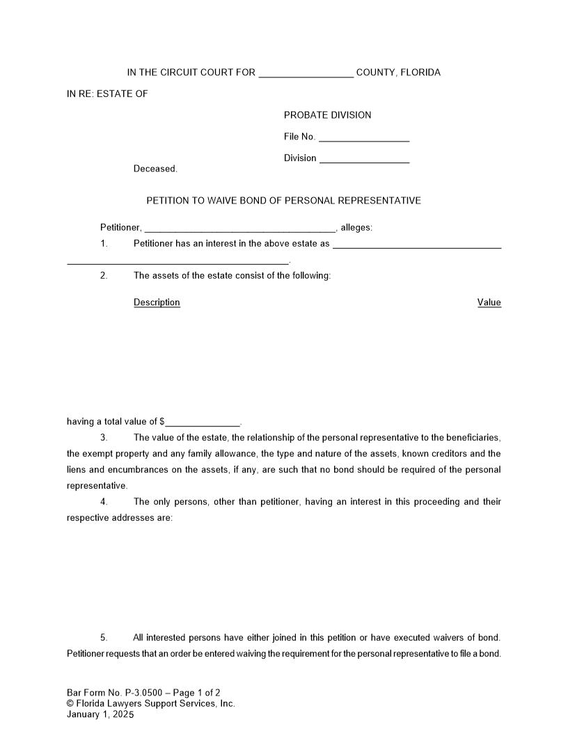 Petition To Waive Bond Of Personal Representative {P-3.0500} | Pdf Fpdf Doc Docx | FLSSI Probate
