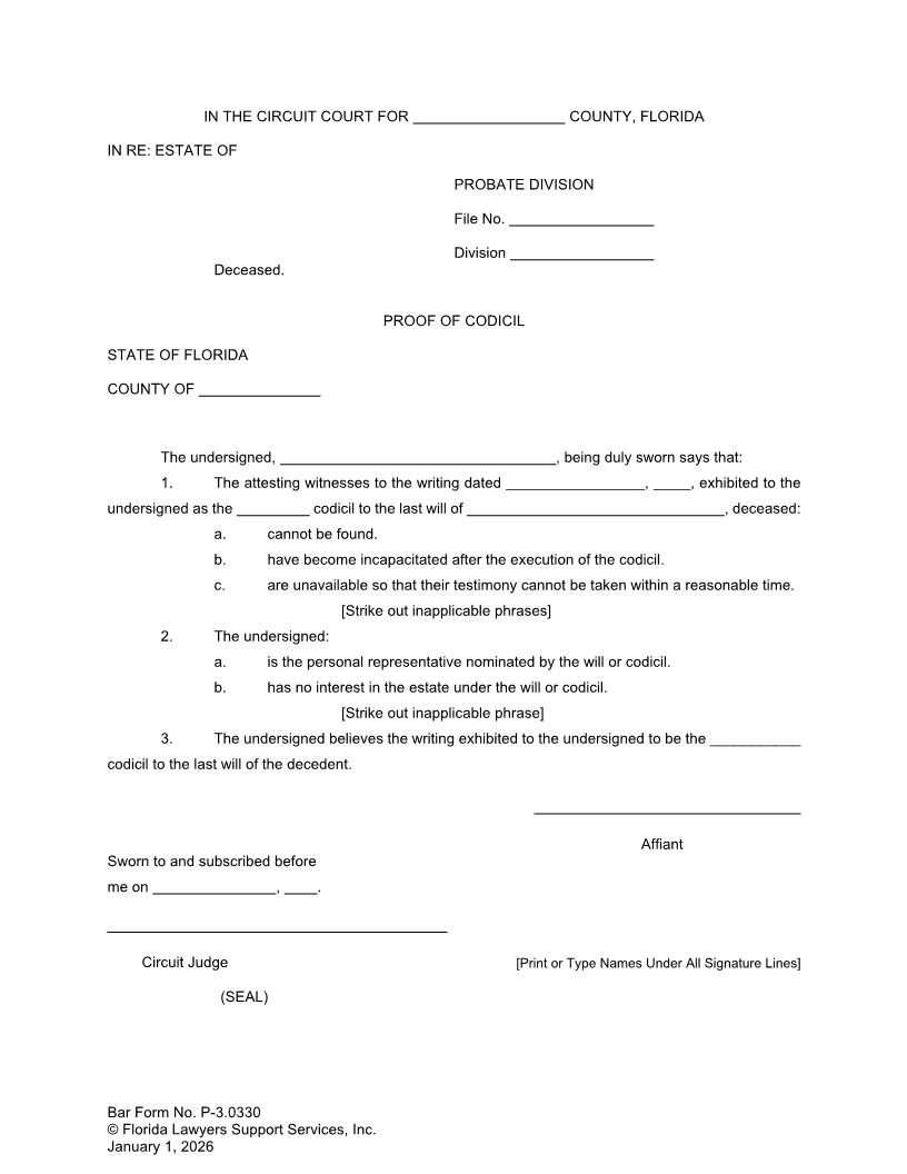 Proof Of Codicil {P-3.0330} | Pdf Fpdf Doc Docx | FLSSI Probate