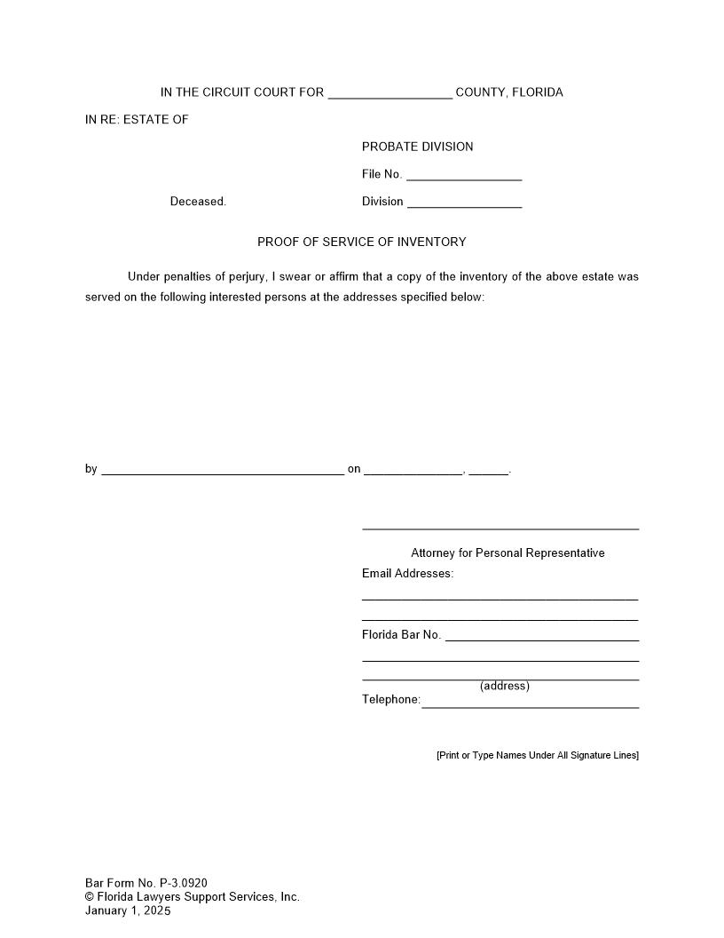 Proof Of Service Of Inventory {P-3.0920} | Pdf Fpdf Doc Docx | FLSSI Probate