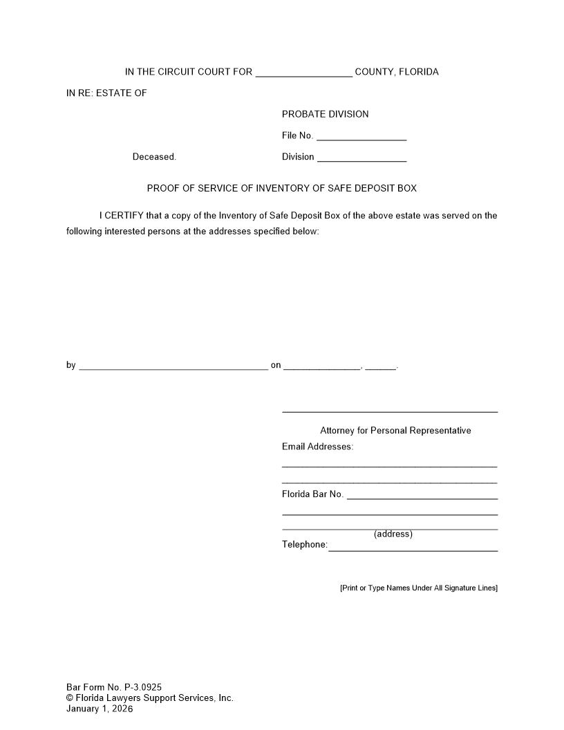 Proof Of Service Of Inventory Of Safe Deposit Box {P-3.0925} | Pdf Fpdf Docx | FLSSI Probate