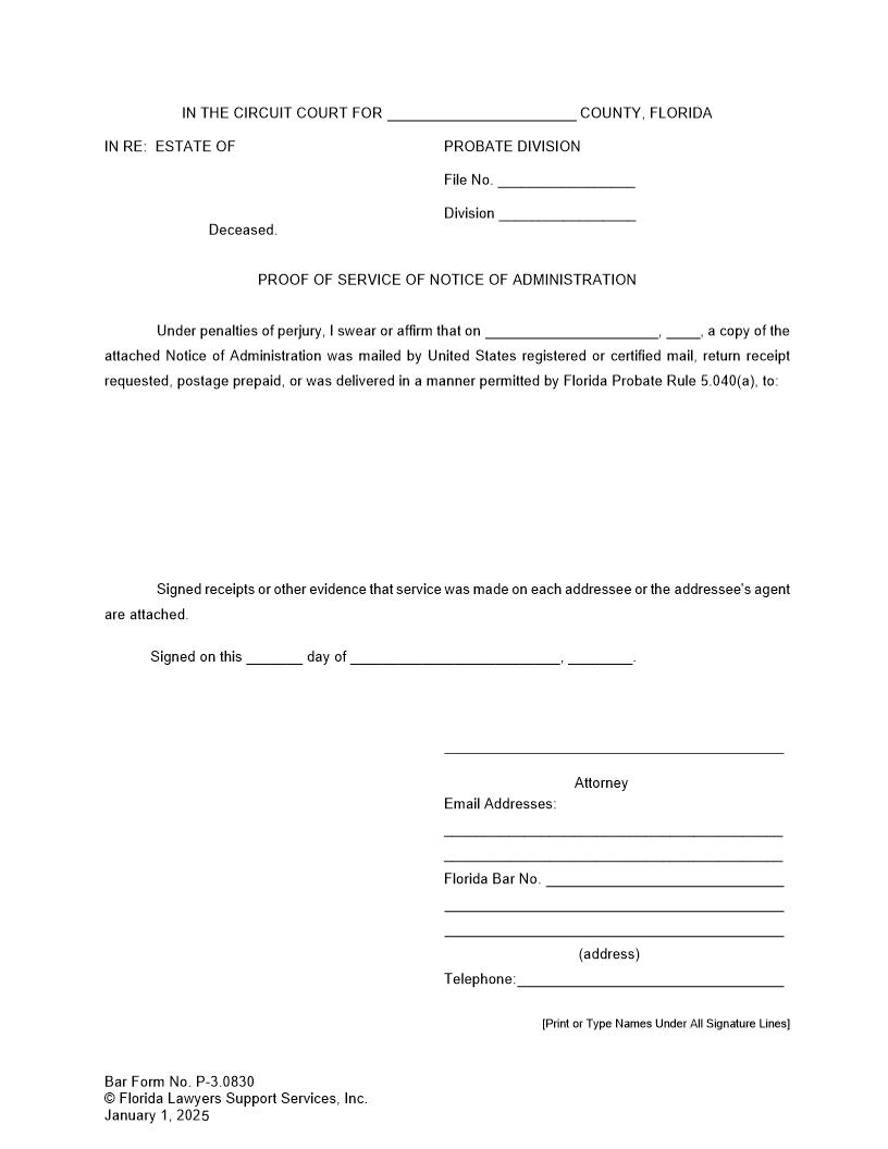 Proof Of Service Of Notice Of Administration {P-3.0830} | Pdf Fpdf Doc Docx | FLSSI Probate